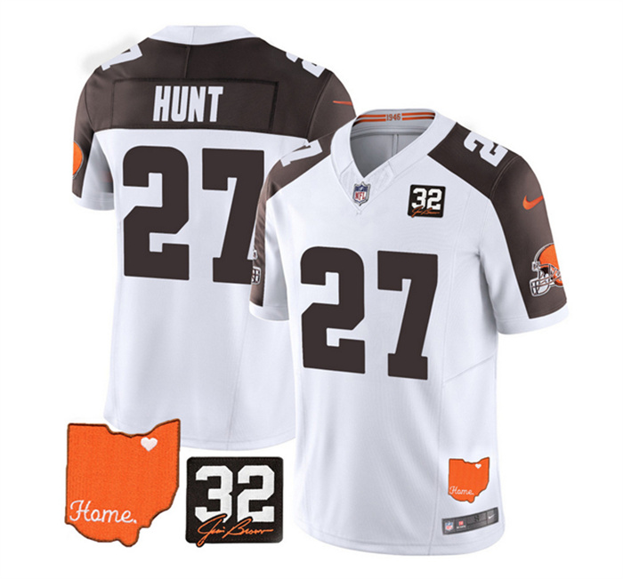 Men's Cleveland Browns #27 Kareem Hunt White Brown 2023 F.U.S.E. With Jim Brown Memorial Patch Vapor Untouchable Limited Stitched Jersey Men's Cleveland Browns #27 Kareem Hunt White Brown 2023 F.U.S.E. With Jim Brown Memorial Patch Vapor Untouchable Limited Stitched Jersey