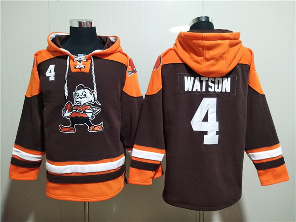 Men's Cleveland Browns #4 Deshaun Watson Brown Lace-Up Pullover Hoodie Men's Cleveland Browns #4 Deshaun Watson Brown Lace-Up Pullover Hoodie