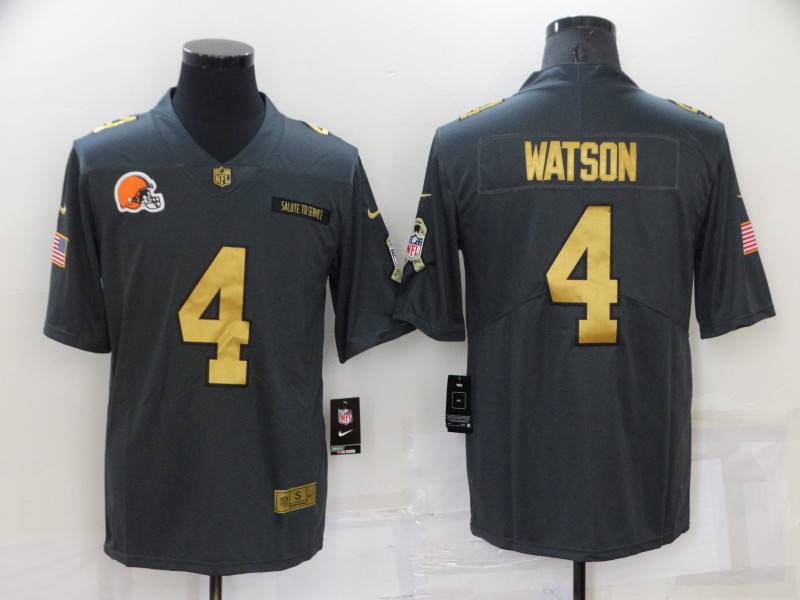 Men's Cleveland Browns #4 Deshaun Watson Grey Gold Salute To Service Limited Stitched Jersey Men's Cleveland Browns #4 Deshaun Watson Grey Gold Salute To Service Limited Stitched Jersey