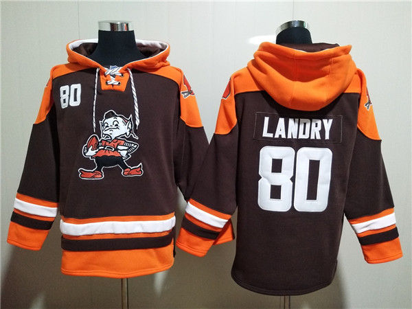 Men's Cleveland Browns #80 Jarvis Landry Brown Lace-Up Pullover Hoodie Men's Cleveland Browns #80 Jarvis Landry Brown Lace-Up Pullover Hoodie