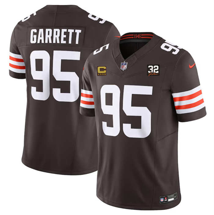 Men's Cleveland Browns #95 Myles Garrett Brown 2023 F.U.S.E. With 4-Star C Patch And Jim Brown Memorial Patch Vapor Untouchable Limited Stitched Jersey Men's Cleveland Browns #95 Myles Garrett Brown 2023 F.U.S.E. With 4-Star C Patch And Jim Brown Memorial Patch Vapor Untouchable Limited Stitched Jersey