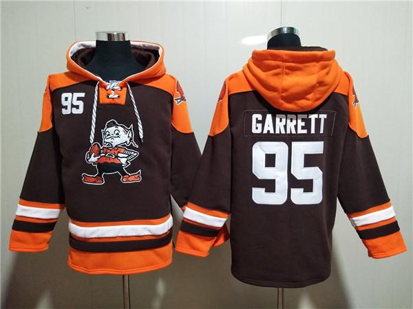 Men's Cleveland Browns #95 Myles Garrett Brown Lace-Up Pullover Hoodie Men's Cleveland Browns #95 Myles Garrett Brown Lace-Up Pullover Hoodie