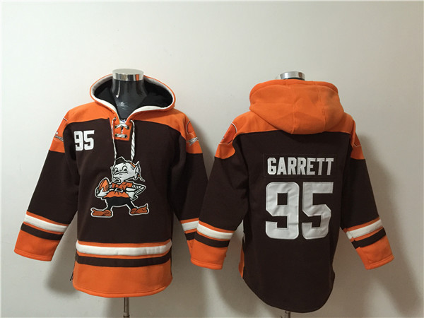 Men's Cleveland Browns #95 Myles Garrett Brown Lace-Up Pullover Hoodie Men's Cleveland Browns #95 Myles Garrett Brown Lace-Up Pullover Hoodie