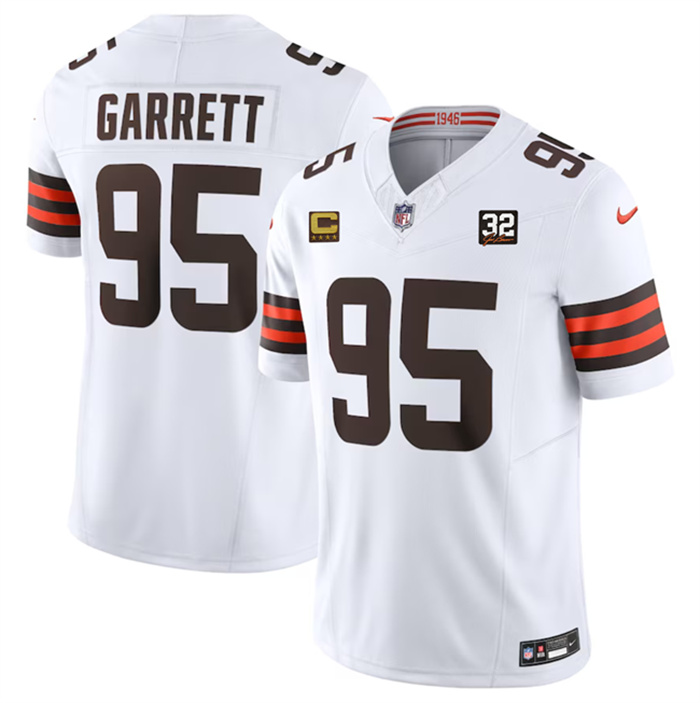 Men's Cleveland Browns #95 Myles Garrett White 2023 F.U.S.E. With 4-Star C Patch And Jim Brown Memorial Patch Vapor Untouchable Limited Stitched Jersey Men's Cleveland Browns #95 Myles Garrett White 2023 F.U.S.E. With 4-Star C Patch And Jim Brown Memorial Patch Vapor Untouchable Limited Stitched Jersey