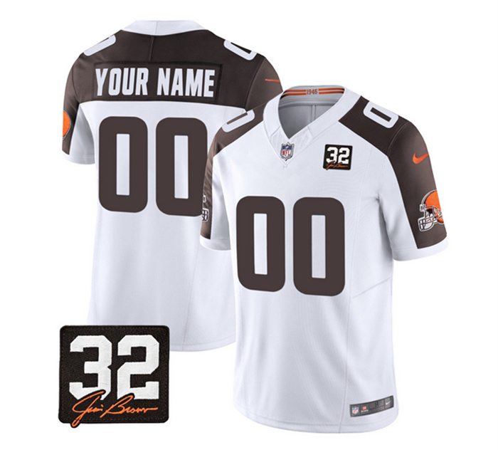Men's Cleveland Browns Active Player Custom White Brown 2023 F.U.S.E. With Jim Brown Memorial Patch Vapor Untouchable Limited Stitched Jersey Men's Cleveland Browns Active Player Custom White Brown 2023 F.U.S.E. With Jim Brown Memorial Patch Vapor Untouchable Limited Stitched Jersey