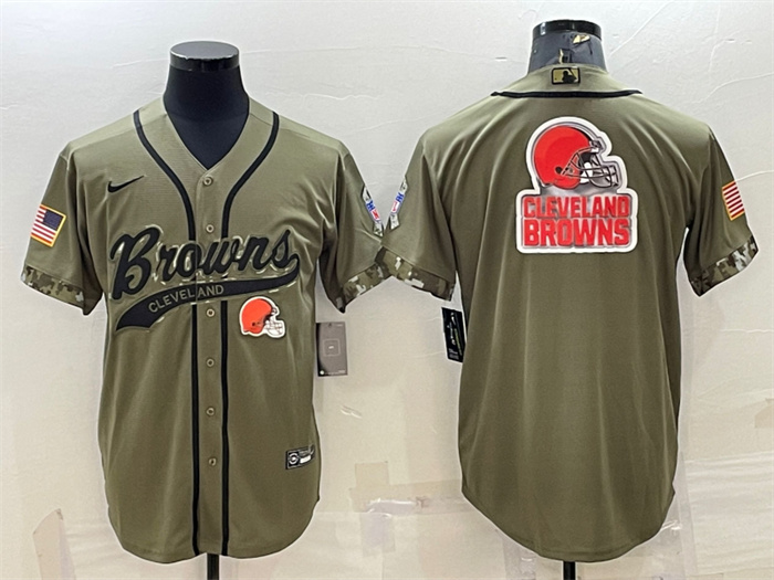 Men's Cleveland Browns Olive 2022 Salute To Service Team Big Logo Cool Base Stitched Baseball Jersey Men's Cleveland Browns Olive 2022 Salute To Service Team Big Logo Cool Base Stitched Baseball Jersey