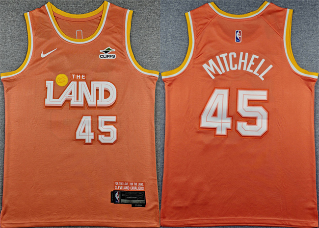 Men's Cleveland Cavaliers #45 Donovan Mitchell Orange 2025 City Edition Stitched Jersey Men's Cleveland Cavaliers #45 Donovan Mitchell Orange 2025 City Edition Stitched Jersey