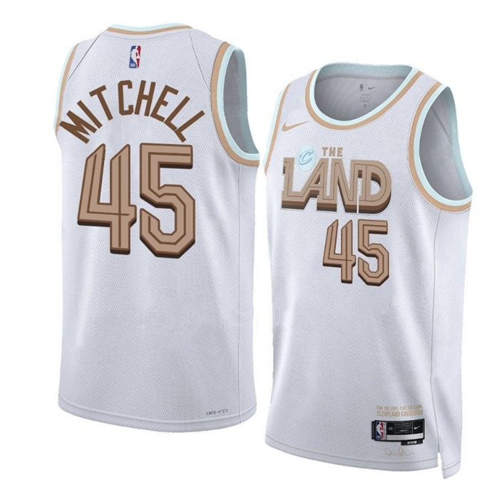 Men's Cleveland Cavaliers #45 Donovan Mitchell White 2022 23 City Edition Stitched Jersey Men's Cleveland Cavaliers #45 Donovan Mitchell White 2022 23 City Edition Stitched Jersey
