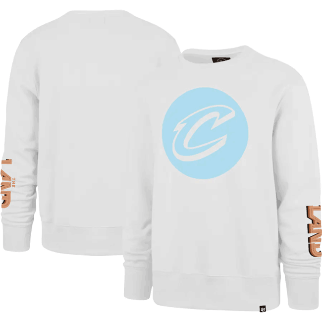 Men's Cleveland Cavaliers '47 White 2022 23 City Edition Two-Peat Headline Pullover Sweatshirt Men's Cleveland Cavaliers '47 White 2022 23 City Edition Two-Peat Headline Pullover Sweatshirt