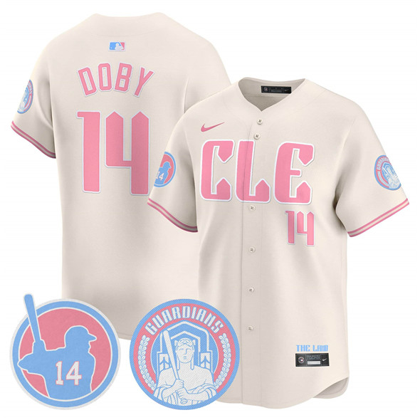 Men's Cleveland Guardians #14 Larry Doby Cream Bubblegum Pink 2025 Vapor Limited Stitched Baseball Jersey Men's Cleveland Guardians #14 Larry Doby Cream Bubblegum Pink 2025 Vapor Limited Stitched Baseball Jersey