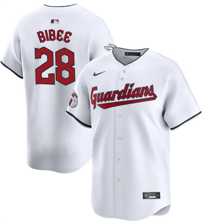 Men's Cleveland Guardians #28 Tanner Bibee White Cool Base Stitched Baseball Jersey Men's Cleveland Guardians #28 Tanner Bibee White Cool Base Stitched Baseball Jersey