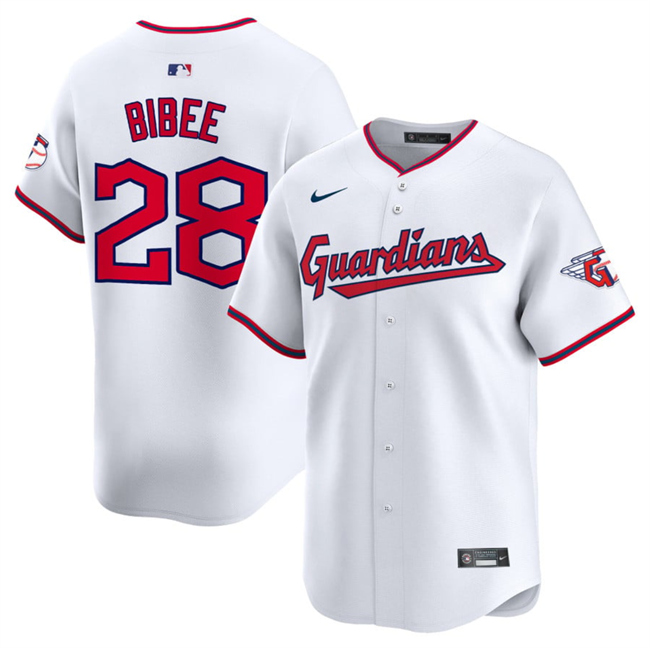Men's Cleveland Guardians #28 Tanner Bibee White Home Limited Stitched Baseball Jersey Men's Cleveland Guardians #28 Tanner Bibee White Home Limited Stitched Baseball Jersey