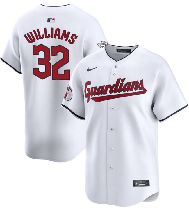 Men's Cleveland Guardians #32 Gavin Williams White Cool Base Stitched Baseball Jersey Men's Cleveland Guardians #32 Gavin Williams White Cool Base Stitched Baseball Jersey
