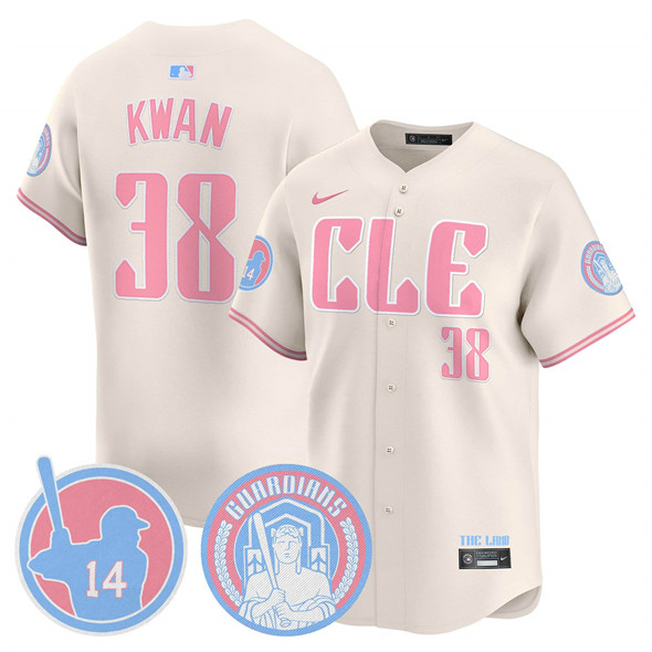 Men's Cleveland Guardians #38 Steven Kwan Cream Bubblegum Pink 2025 Vapor Limited Stitched Baseball Jersey Men's Cleveland Guardians #38 Steven Kwan Cream Bubblegum Pink 2025 Vapor Limited Stitched Baseball Jersey