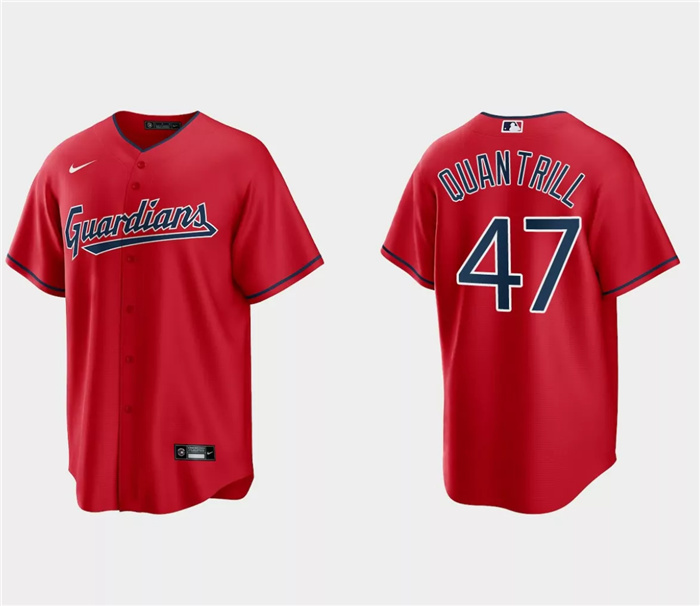 Men's Cleveland Guardians #47 Cal Quantrill Red Cool Base Stitched Jersey