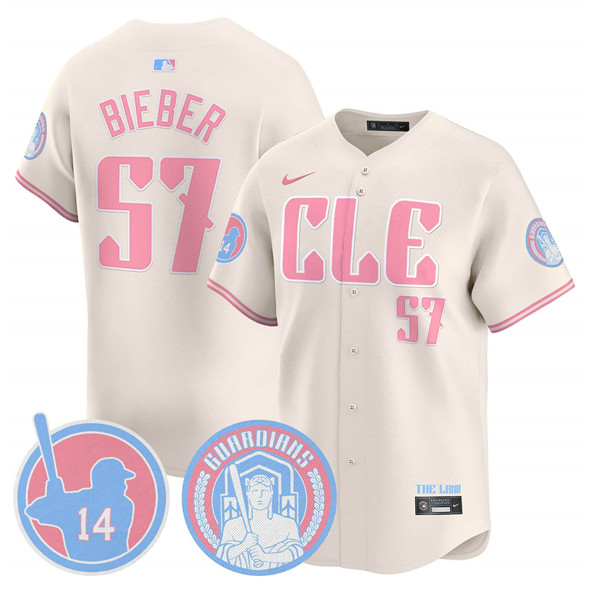 Men's Cleveland Guardians #57 Shane Bieber Cream Bubblegum Pink 2025 Vapor Limited Stitched Baseball Jersey Men's Cleveland Guardians #57 Shane Bieber Cream Bubblegum Pink 2025 Vapor Limited Stitched Baseball Jersey