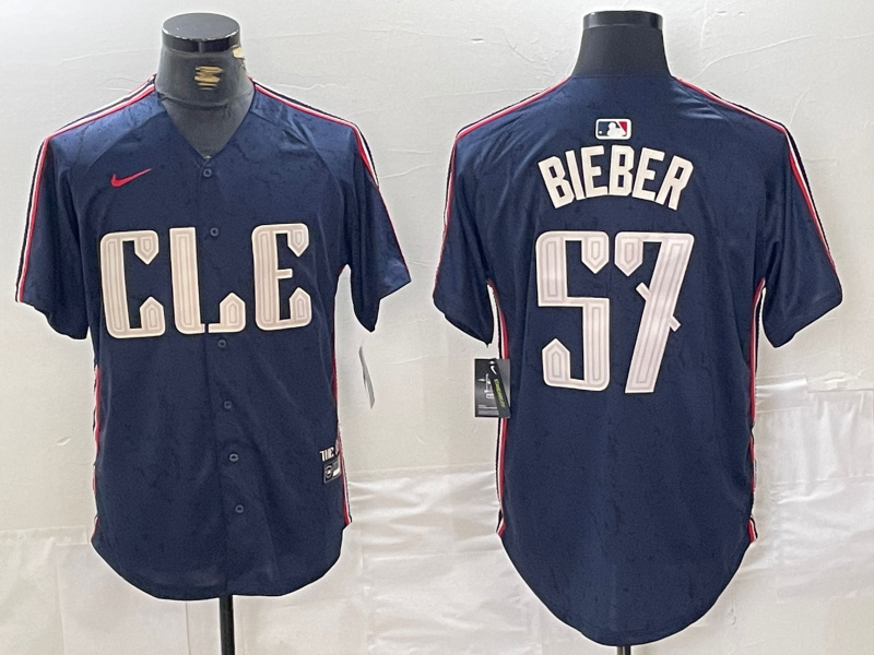 Men's Cleveland Guardians #57 Shane Bieber Navy 2024 City Connect Limited Stitched Baseball Jersey 2 Men's Cleveland Guardians #57 Shane Bieber Navy 2024 City Connect Limited Stitched Baseball Jersey 2