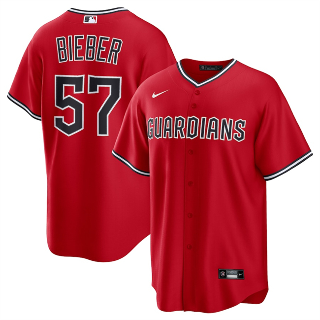 Men's Cleveland Guardians #57 Shane Bieber Red Cool Base Stitched Baseball Jersey Men's Cleveland Guardians #57 Shane Bieber Red Cool Base Stitched Baseball Jersey
