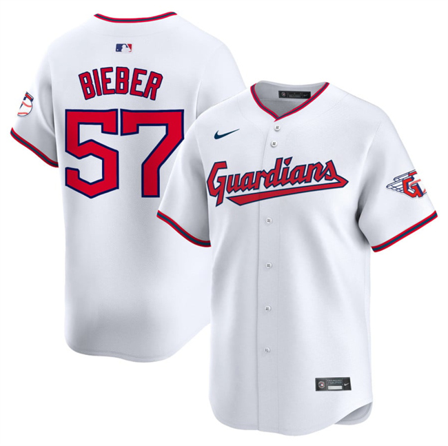 Men's Cleveland Guardians #57 Shane Bieber White Home Limited Stitched Baseball Jersey Men's Cleveland Guardians #57 Shane Bieber White Home Limited Stitched Baseball Jersey