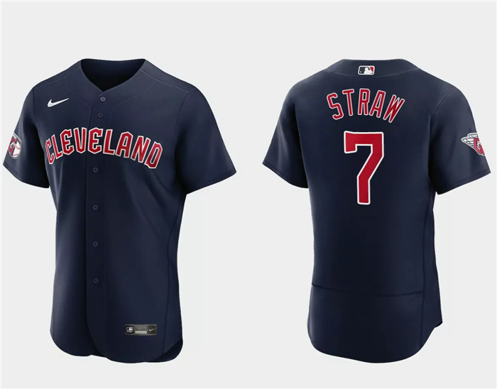 Men's Cleveland Guardians #7 Myles Straw Navy Flex Base Stitched Jersey