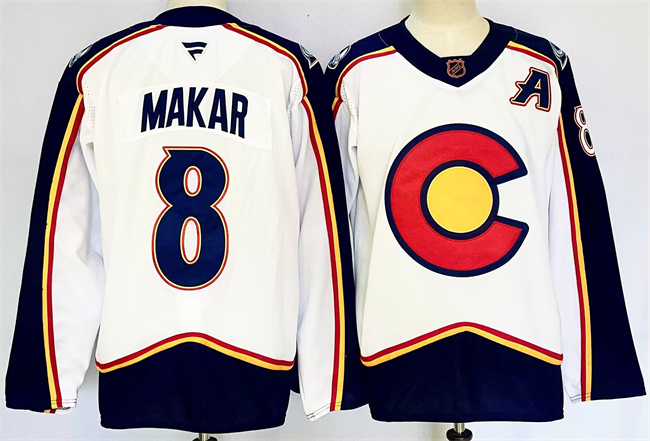 Men's Colorado Avalanche #8 Cale Makar White 2024-25 With A Patch Reverse Retro Stitched Jersey Men's Colorado Avalanche #8 Cale Makar White 2024-25 With A Patch Reverse Retro Stitched Jersey