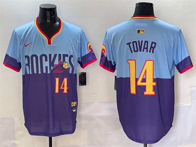 Men's Colorado Rockies #14 Ezequiel Tovar Purple Light Blue 2025 City Connect Limited Stitched Baseball Jersey Men's Colorado Rockies #14 Ezequiel Tovar Purple Light Blue 2025 City Connect Limited Stitched Baseball Jersey
