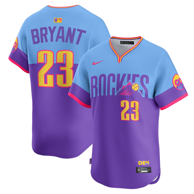 Men's Colorado Rockies #23 Kris Bryant Purple Light Blue 2025 City Connect Limited Stitched Baseball Jersey Men's Colorado Rockies #23 Kris Bryant Purple Light Blue 2025 City Connect Limited Stitched Baseball Jersey