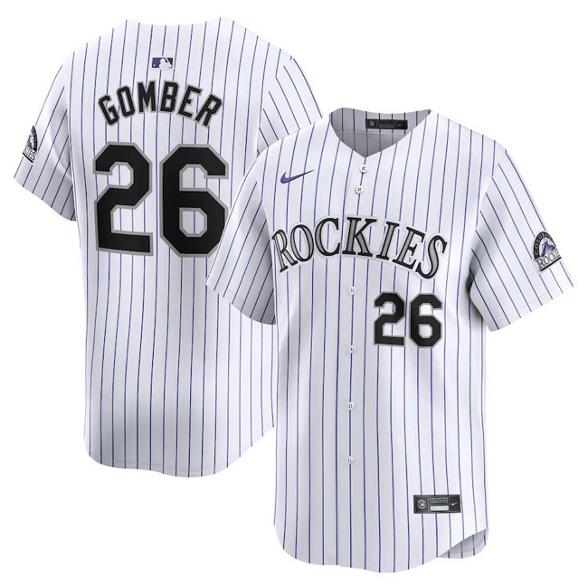 Men's Colorado Rockies #26 Austin Gomber White Home Limited Stitched Baseball Jersey Men's Colorado Rockies #26 Austin Gomber White Home Limited Stitched Baseball Jersey