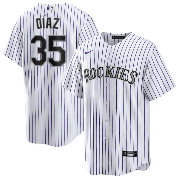 Men's Colorado Rockies #35 Elias Díaz White Cool Base Stitched Baseball Jersey Men's Colorado Rockies #35 Elias Díaz White Cool Base Stitched Baseball Jersey