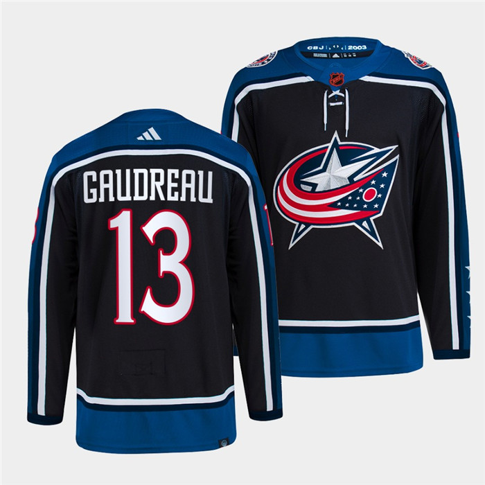 Men's Columbus Blue Jackets #13 Johnny Gaudreau Navy 2022 Reverse Retro Stitched Jersey Men's Columbus Blue Jackets #13 Johnny Gaudreau Navy 2022 Reverse Retro Stitched Jersey