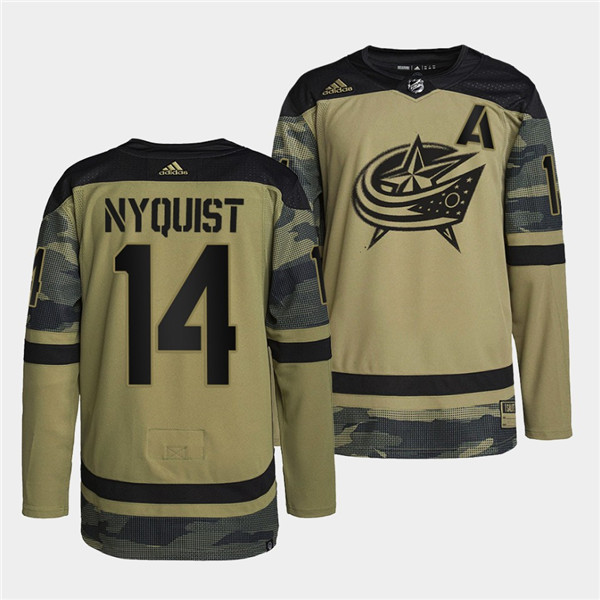 Men's Columbus Blue Jackets #14 Gustav Nyquist 2022 Camo Military Appreciation Night Stitched Jersey Men's Columbus Blue Jackets #14 Gustav Nyquist 2022 Camo Military Appreciation Night Stitched Jersey