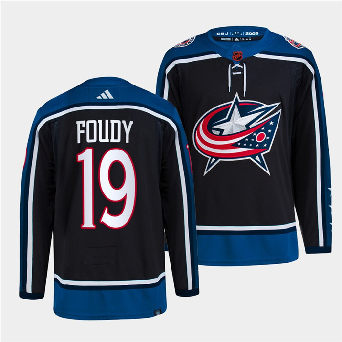 Men's Columbus Blue Jackets #19 Liam Foudy Navy 2022 Reverse Retro Stitched Jersey Men's Columbus Blue Jackets #19 Liam Foudy Navy 2022 Reverse Retro Stitched Jersey