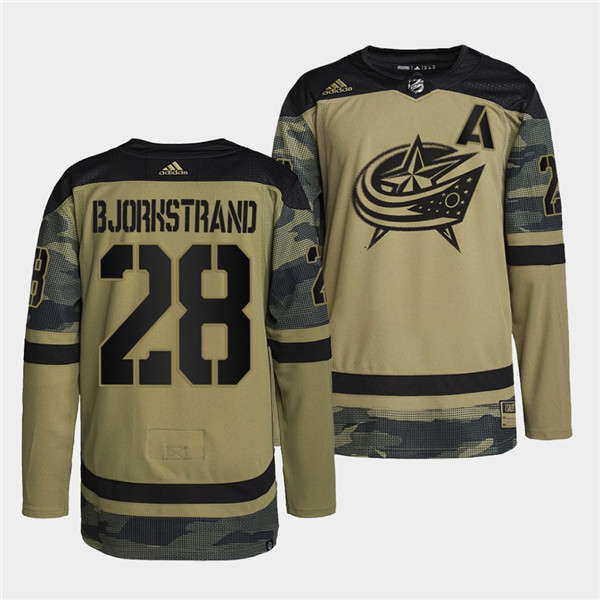 Men's Columbus Blue Jackets #28 Oliver Bjorkstrand 2022 Camo Military Appreciation Night Stitched Jersey Men's Columbus Blue Jackets #28 Oliver Bjorkstrand 2022 Camo Military Appreciation Night Stitched Jersey
