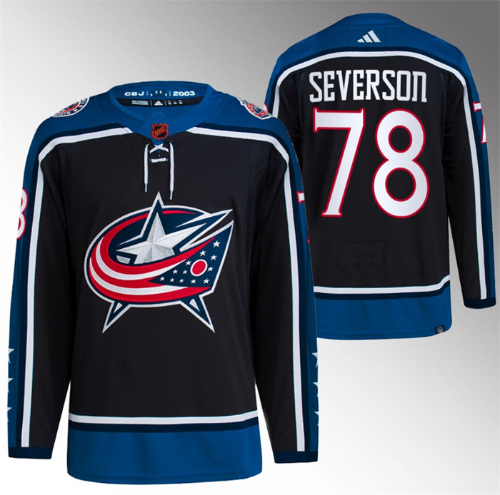 Men's Columbus Blue Jackets #78 Damon Severson Black 2022-23 Reverse Retro Stitched Jersey Men's Columbus Blue Jackets #78 Damon Severson Black 2022-23 Reverse Retro Stitched Jersey