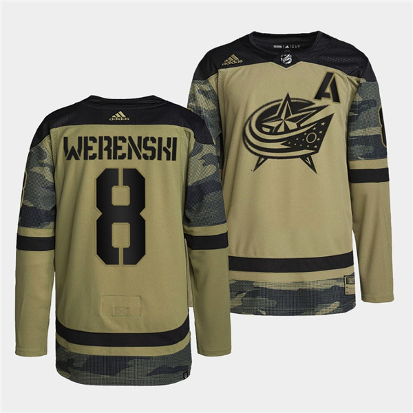 Men's Columbus Blue Jackets #8 Zach Werenski 2022 Camo Military Appreciation Night Stitched Jersey Men's Columbus Blue Jackets #8 Zach Werenski 2022 Camo Military Appreciation Night Stitched Jersey
