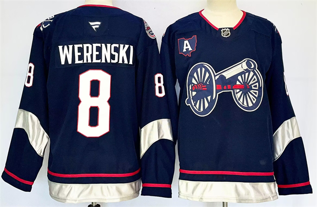Men's Columbus Blue Jackets #8 Zach Werenski Navy 2024-25 With A Patch Stitched Hockey Jersey Men's Columbus Blue Jackets #8 Zach Werenski Navy 2024-25 With A Patch Stitched Hockey Jersey