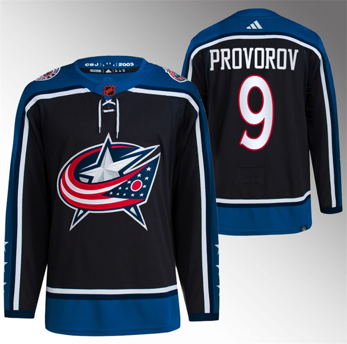 Men's Columbus Blue Jackets #9 Ivan Provorov Black 2022-23 Reverse Retro Stitched Jersey Men's Columbus Blue Jackets #9 Ivan Provorov Black 2022-23 Reverse Retro Stitched Jersey