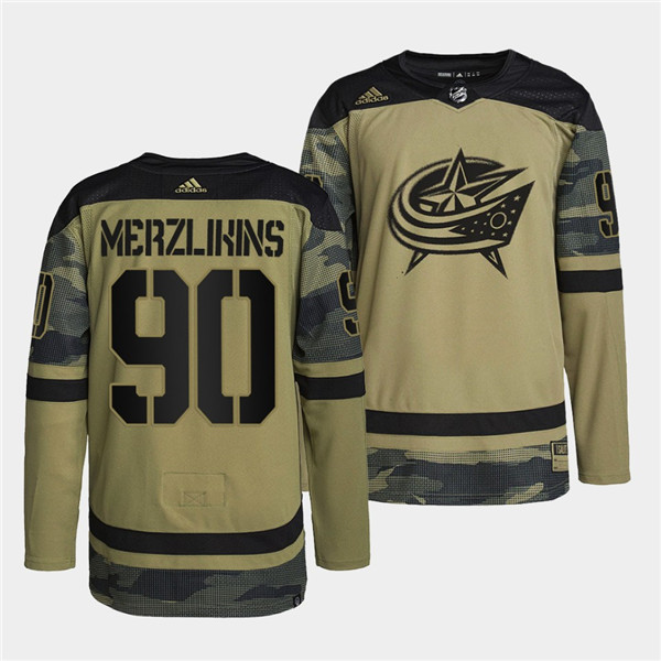 Men's Columbus Blue Jackets #90 Elvis Merzlikins 2022 Camo Military Appreciation Night Stitched Jersey Men's Columbus Blue Jackets #90 Elvis Merzlikins 2022 Camo Military Appreciation Night Stitched Jersey