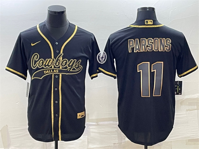 Men's Dallas Cowboys #11 Micah Parsons Black Gold With Patch Cool Base Stitched Baseball Jersey Men's Dallas Cowboys #11 Micah Parsons Black Gold With Patch Cool Base Stitched Baseball Jersey