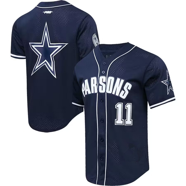Men's Dallas Cowboys #11 Micah Parsons Navy Pro Standard Mesh Button-Up Stitched Baseball Jersey Men's Dallas Cowboys #11 Micah Parsons Navy Pro Standard Mesh Button-Up Stitched Baseball Jersey