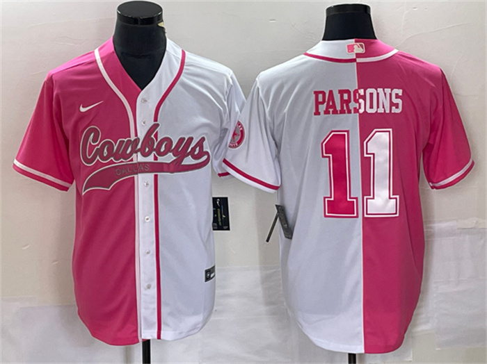 Men's Dallas Cowboys #11 Micah Parsons Pink White Split Cool Base Stitched Baseball Jersey Men's Dallas Cowboys #11 Micah Parsons Pink White Split Cool Base Stitched Baseball Jersey