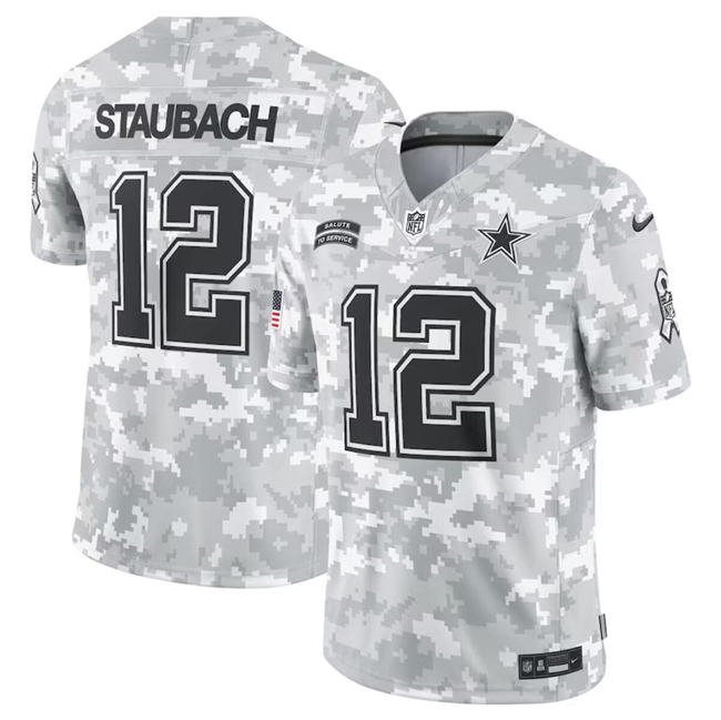 Men's Dallas Cowboys #12 Roger Staubach 2024 Arctic Camo Salute To Service Limited Stitched Football Jersey Men's Dallas Cowboys #12 Roger Staubach 2024 Arctic Camo Salute To Service Limited Stitched Football Jersey