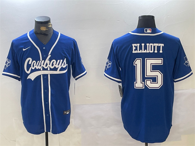 Men's Dallas Cowboys #15 Ezekiel Elliott Royal With Patch Cool Base Stitched Baseball Jersey Men's Dallas Cowboys #15 Ezekiel Elliott Royal With Patch Cool Base Stitched Baseball Jersey