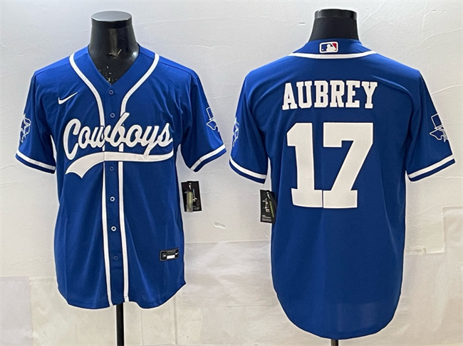 Men's Dallas Cowboys #17 Brandon Aubrey Blue Cool Base Stitched Baseball Jersey Men's Dallas Cowboys #17 Brandon Aubrey Blue Cool Base Stitched Baseball Jersey
