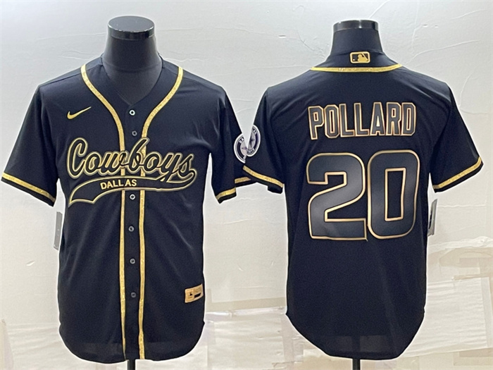 Men's Dallas Cowboys #20 Tony Pollard Black Gold With Patch Cool Base Stitched Baseball Jersey Men's Dallas Cowboys #20 Tony Pollard Black Gold With Patch Cool Base Stitched Baseball Jersey