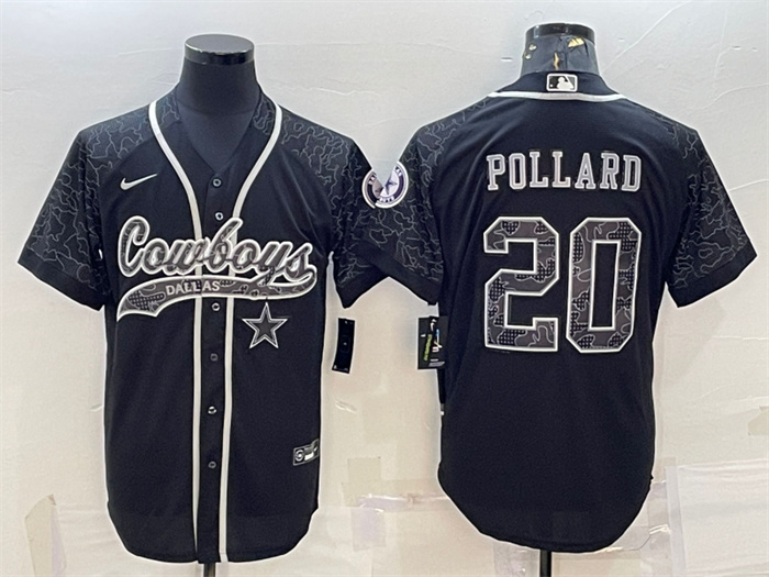 Men's Dallas Cowboys #20 Tony Pollard Black Reflective With Patch Cool Base Stitched Baseball Jersey Men's Dallas Cowboys #20 Tony Pollard Black Reflective With Patch Cool Base Stitched Baseball Jersey