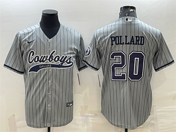 Men's Dallas Cowboys #20 Tony Pollard Gray With Patch Cool Base Stitched Baseball Jersey Men's Dallas Cowboys #20 Tony Pollard Gray With Patch Cool Base Stitched Baseball Jersey