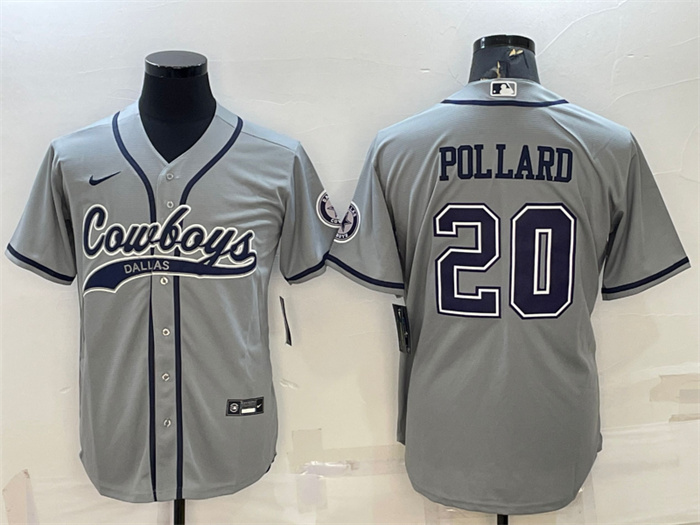 Men's Dallas Cowboys #20 Tony Pollard Grey With Patch Cool Base Stitched Baseball Jersey Men's Dallas Cowboys #20 Tony Pollard Grey With Patch Cool Base Stitched Baseball Jersey