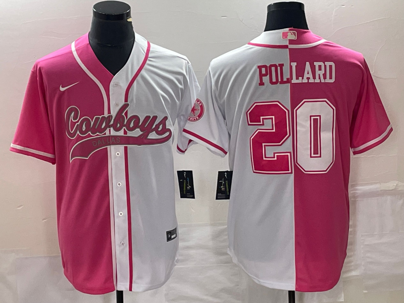 Men's Dallas Cowboys #20 Tony Pollard Pink White Split Cool Base Stitched Baseball Jersey Men's Dallas Cowboys #20 Tony Pollard Pink White Split Cool Base Stitched Baseball Jersey