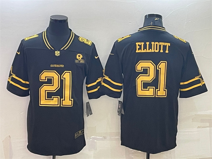 Men's Dallas Cowboys #21 Ezekiel Elliott Black Gold Edition With 1960 Patch Limited Stitched Football Jersey Men's Dallas Cowboys #21 Ezekiel Elliott Black Gold Edition With 1960 Patch Limited Stitched Football Jersey